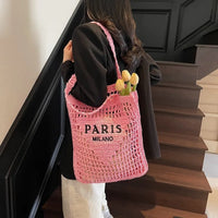 Fashion Straw Shoulder Bags Women Summer Hollow Woven Women's Shoulder Bag Large Capacity Letter Tote Handbag Holiday Beach Bags