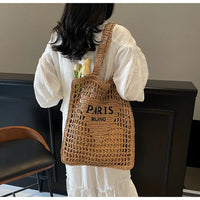 Fashion Straw Shoulder Bags Women Summer Hollow Woven Women's Shoulder Bag Large Capacity Letter Tote Handbag Holiday Beach Bags